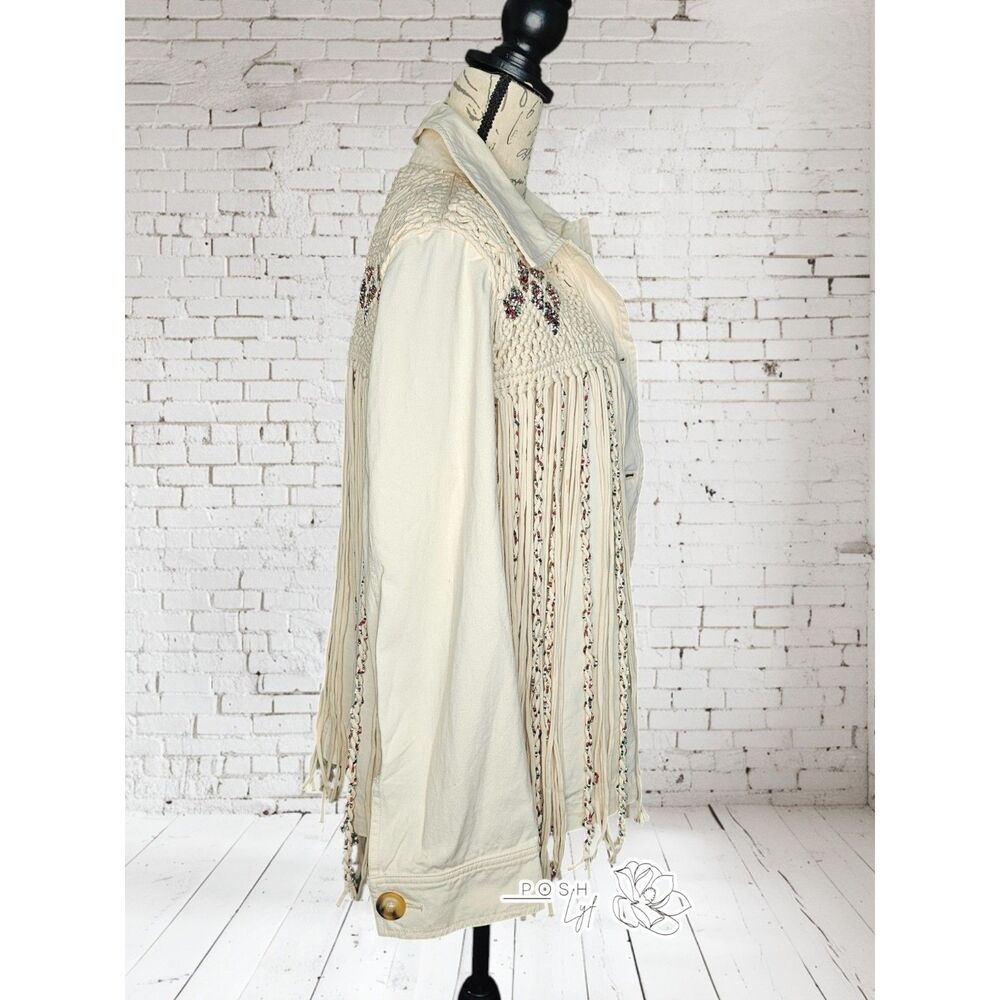 Zara Fringe Western Beaded Boho Button Front Festival Jacket Medium - Picture 2 of 16